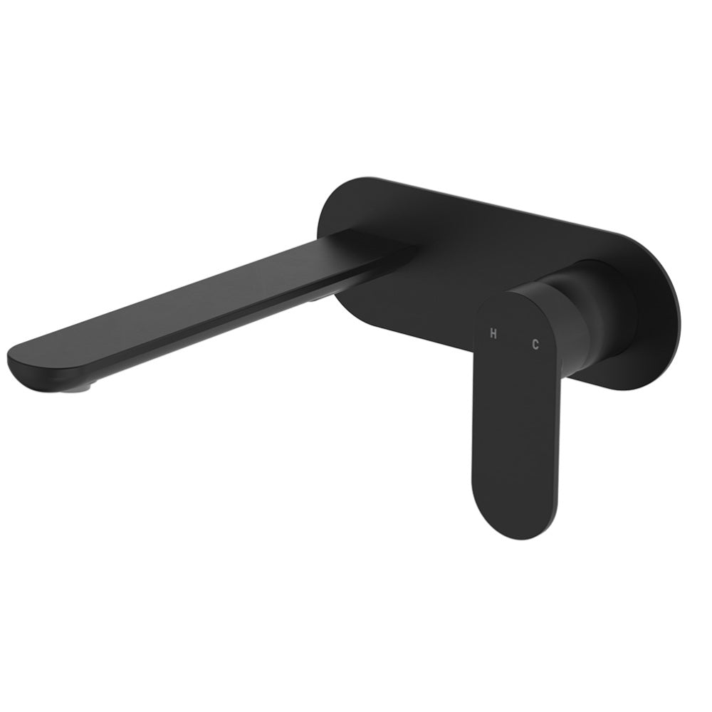 Fienza Empire Slim Basin/Bath Wall Mixer Set Oval Plate 200mm Outlet Lead Free Matte Black 234106B-200-LF