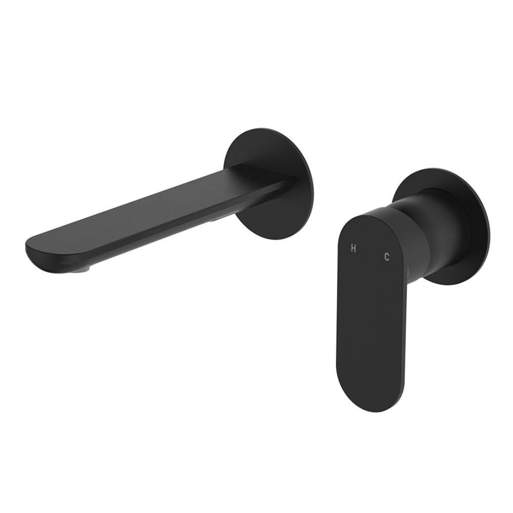 Fienza Empire Slim Basin/Bath Wall Mixer Set Round Plates 160mm Outlet Lead Free Matte Black 234104B-LF