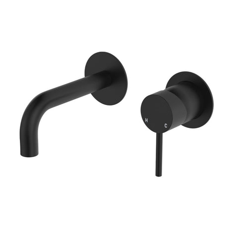 Fienza Kaya Basin/Bath Wall Mixer 130mm Outlet Set Dress Kit Round Plates Lead Free Matte Black D228104B-130-LF