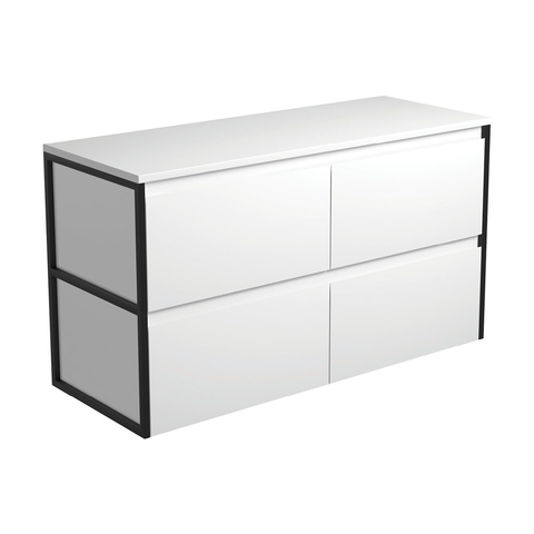 Fienza Amato 1200 Wall Hung Cabinet 1193x460x650mm (Matte Black Frames) Satin White (Cabinet Only) 120BWF