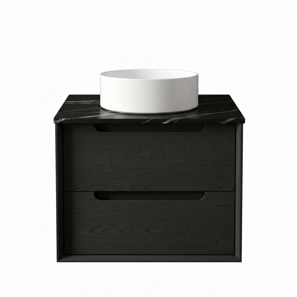 Otti Byron Wall Hung Vanity 600mm (10 O'Clock Taphole) Black Oak / Empire Black Top BY600BST-EB-10TH