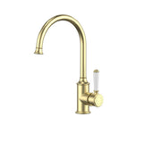 Ikon Clasico Gooseneck Sink Mixer with Ceramic White Handle Brushed Gold HYB868-101A-BG