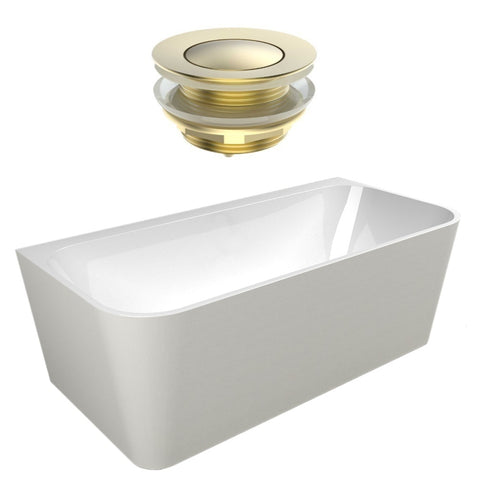 Seima Plati 130 Back to Wall Bath 1700mm Gloss White + Flexiwaste Overflow Kit & Pop-Out Waste Brushed Gold 192866