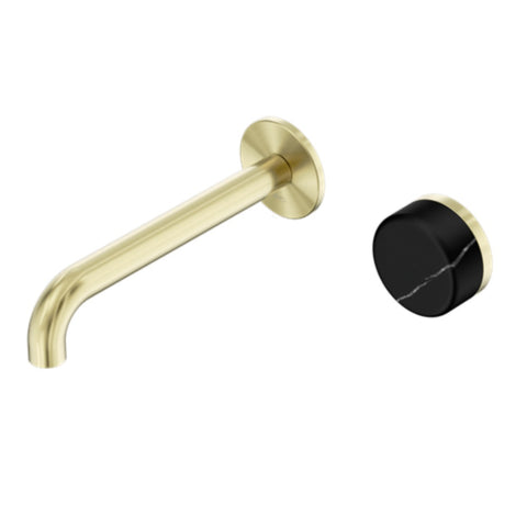 Nero Serenity Progressive Wall Basin Mixer 185mm Spout w/ Marquina Black Handle Brushed Gold 24E139BG