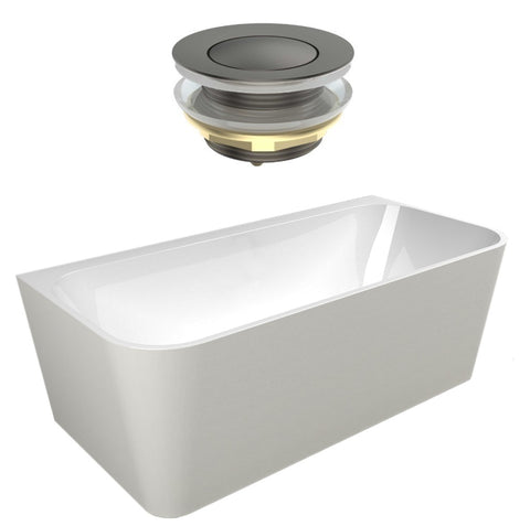Seima Plati 130 Back to Wall Bath 1500mm Gloss White + Flexiwaste Overflow Kit & Pop-Out Waste Gunmetal 192858