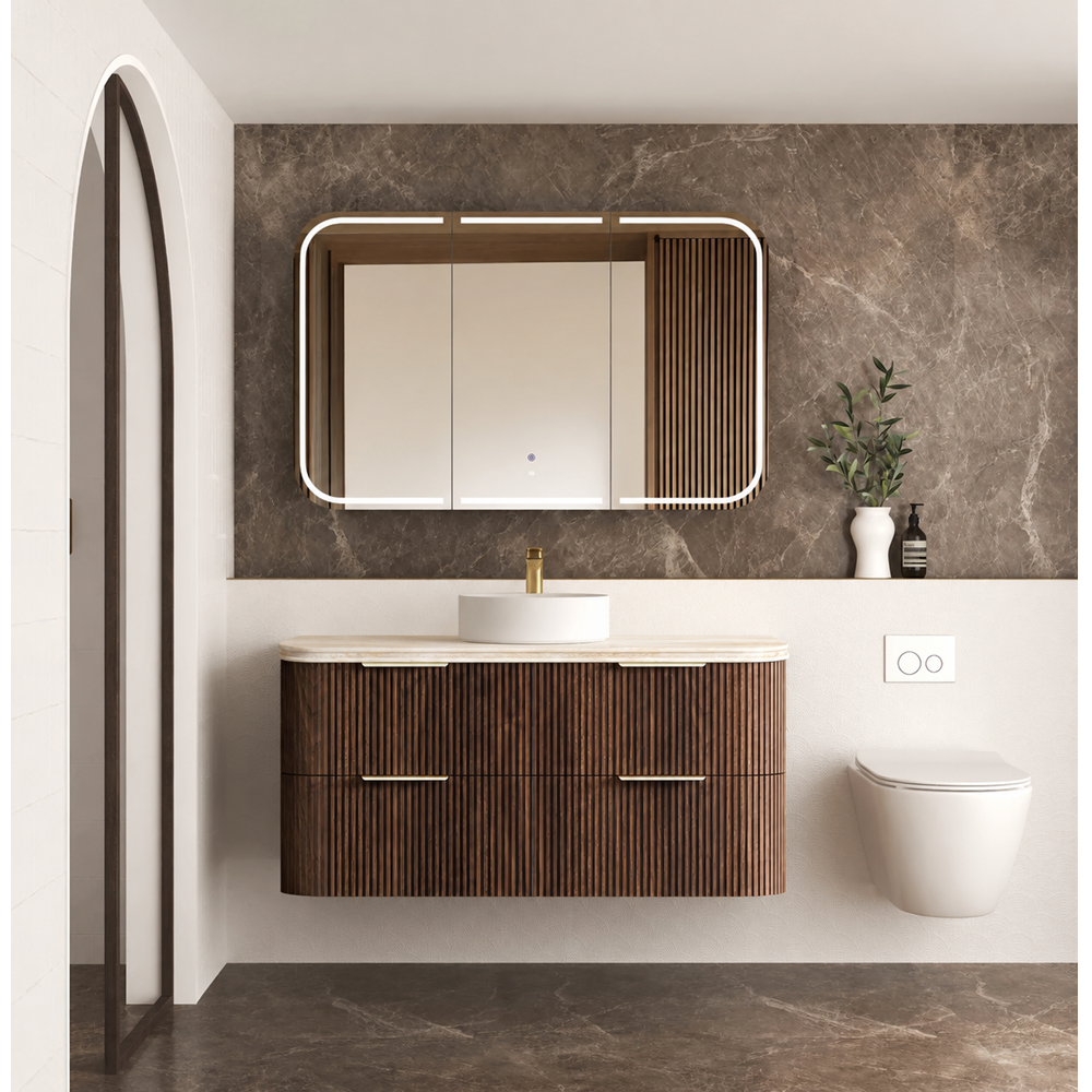 Otti Hanava Curve Fluted Wall Hung Vanity 1200mm Sable Walnut / English Edge 50mm Sand Dune Top HA1200SWST-SD