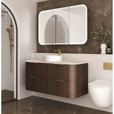 Otti Hanava Curve Fluted Wall Hung Vanity 1200mm Sable Walnut / English Edge 50mm Sand Dune Top HA1200SWST-SD
