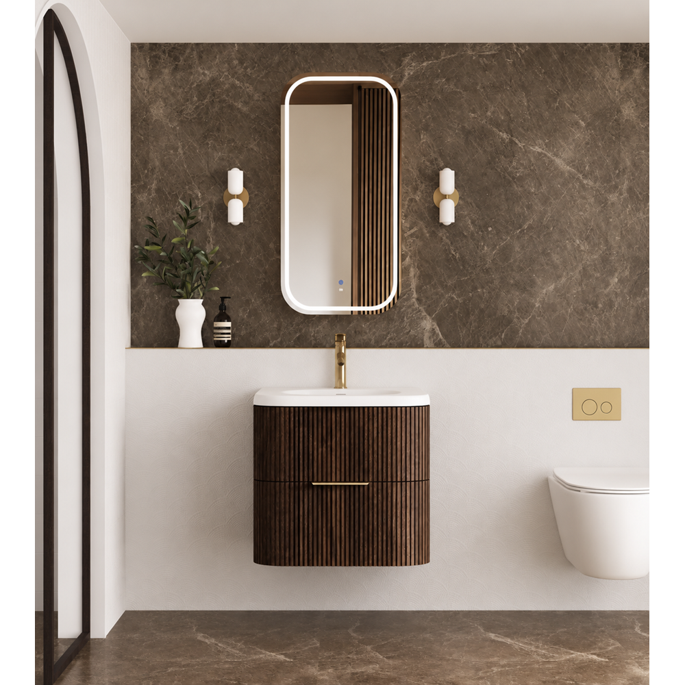 Otti Hanava Curve Fluted Wall Hung Vanity 600mm Sable Walnut / Chloe Silk Top HA600SWMT-CS