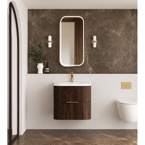 Otti Hanava Curve Fluted Wall Hung Vanity 600mm Sable Walnut / Chloe Silk Top HA600SWMT-CS
