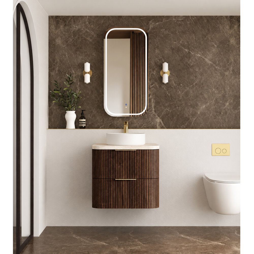 Otti Hanava Curve Fluted Wall Hung Vanity 600mm Sable Walnut / English Edge 50mm Sand Dune Top HA600SWST-SD