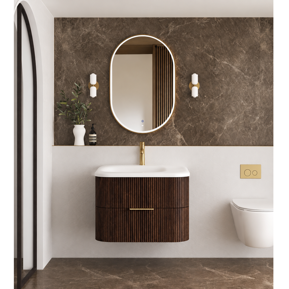 Otti Hanava Curve Fluted Wall Hung Vanity 750mm Sable Walnut / Chloe Silk Top HA750SWMT-CS