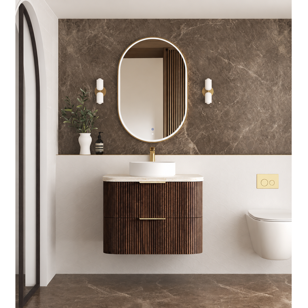 Otti Hanava Curve Fluted Wall Hung Vanity 750mm Sable Walnut / English Edge 50mm Sand Dune Top HA750SWST-SD