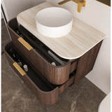 Otti Hanava Curve Fluted Wall Hung Vanity 750mm Sable Walnut / English Edge 50mm Sand Dune Top HA750SWST-SD