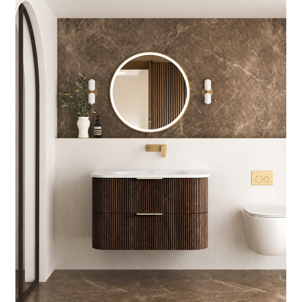 Otti Hanava Curve Fluted Wall Hung Vanity 900mm Sable Walnut / Chloe Silk Top HA900SWMT-CS