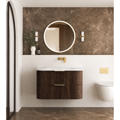 Otti Hanava Curve Fluted Wall Hung Vanity 900mm Sable Walnut / Chloe Silk Top HA900SWMT-CS
