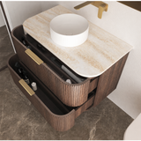 Otti Hanava Curve Fluted Wall Hung Vanity 900mm Sable Walnut / English Edge 50mm Sand Dune Top HA900SWST-SD