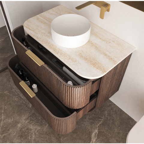 Otti Hanava Curve Fluted Wall Hung Vanity 900mm Sable Walnut / English Edge 50mm Sand Dune Top HA900SWST-SD