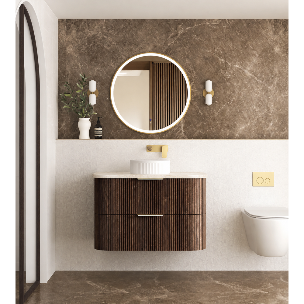 Otti Hanava Curve Fluted Wall Hung Vanity 900mm Sable Walnut / English Edge 50mm Sand Dune Top HA900SWST-SD