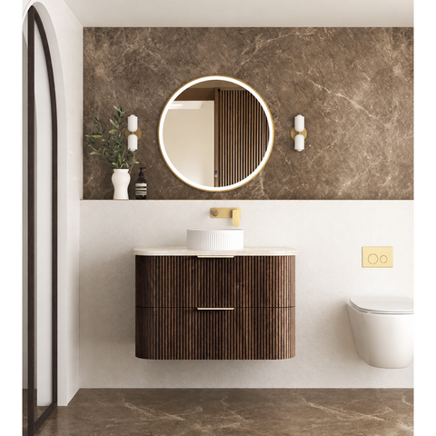 Otti Hanava Curve Fluted Wall Hung Vanity 900mm Sable Walnut / English Edge 50mm Sand Dune Top HA900SWST-SD