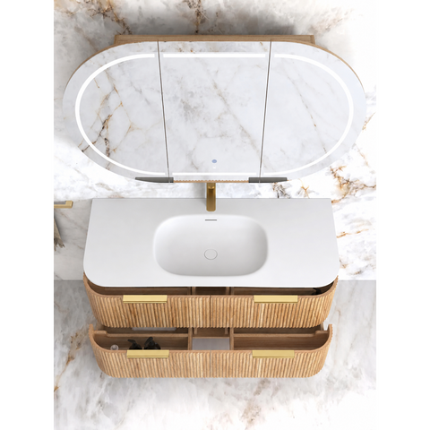 Otti Hanava Curve Fluted Wall Hung Vanity 1200mm Woodland Oak / Chloe Silk Top HAW1200LMT-CS