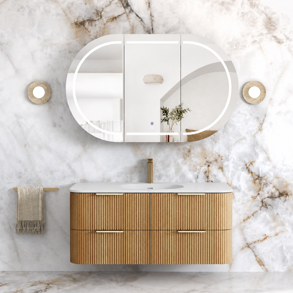 Otti Hanava Curve Fluted Wall Hung Vanity 1200mm Woodland Oak / Chloe Silk Top HAW1200LMT-CS