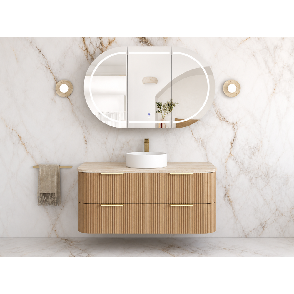 Otti Havana Curve Fluted Wall Hung Vanity 1200mm Woodland Oak / English Edge 50mm Sand Dune Top HAW1200LST-SD