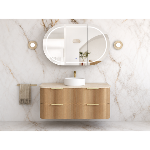 Otti Havana Curve Fluted Wall Hung Vanity 1200mm Woodland Oak / English Edge 50mm Sand Dune Top HAW1200LST-SD