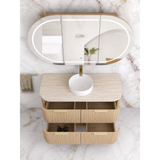 Otti Havana Curve Fluted Wall Hung Vanity 1200mm Woodland Oak / English Edge 50mm Sand Dune Top HAW1200LST-SD