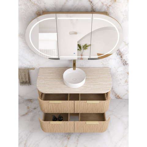 Otti Havana Curve Fluted Wall Hung Vanity 1200mm Woodland Oak / English Edge 50mm Sand Dune Top HAW1200LST-SD