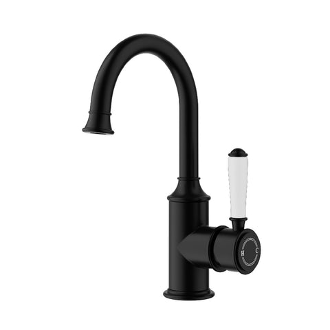 Ikon Clasico Gooseneck Basin Mixer with Ceramic White Handle Matte Black HYB868-201A-MB