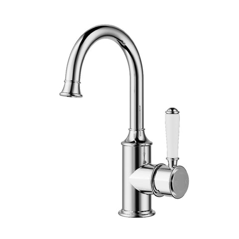 Ikon Clasico Gooseneck Basin Mixer with Ceramic White Handle Chrome HYB868-201A