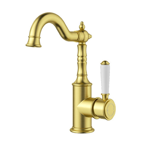 Ikon Clasico Basin Mixer with Ceramic White Handle Brushed Gold HYB868-202A-BG