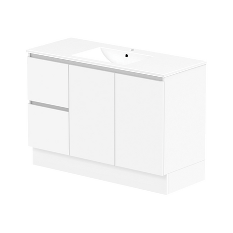 ADP Jane 1200mm Centre Bowl 1TH Vanity Wall Hung / Floor Mount (Left Drawers) Polar White Silk Gloss JANFCW1200WKCCM