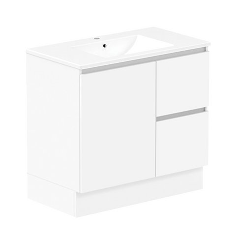 ADP Jane Express 900mm Centre Bowl 1TH Vanity Wall Hung / Floor Mount (Right Drawers) Polar White Silk Gloss JAXFCW0900WKCCM