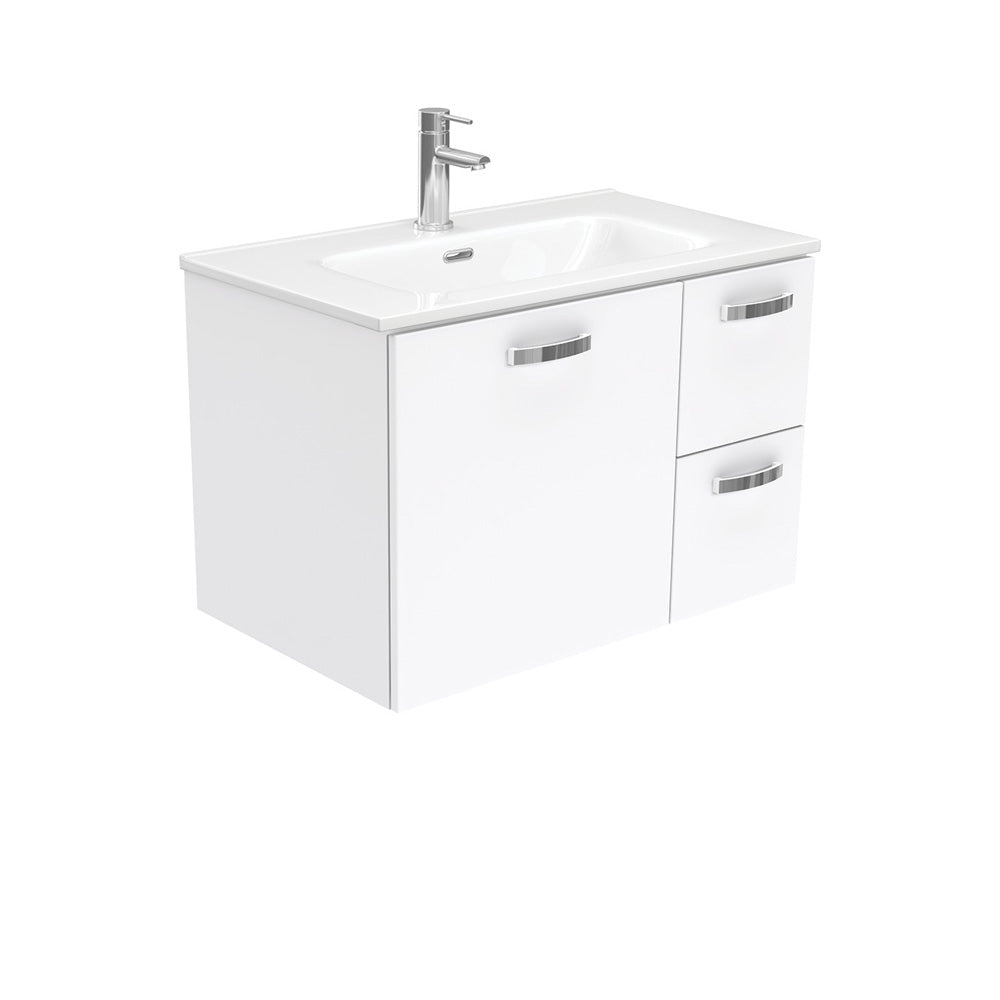 Fienza Joli Uni Wall Hung Vanity w/ Handles Right Drawers (1 Taphole) 750mm Gloss White JOL75JR