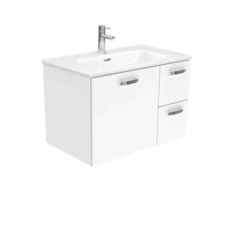 Fienza Joli Uni Wall Hung Vanity w/ Handles Right Drawers (1 Taphole) 750mm Gloss White JOL75JR