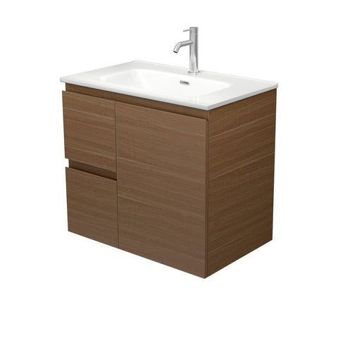 Fienza Joli Ceramic Walnut Edge Wall Hung Vanity 750mm Left Drawers (1 Taphole) Walnut JOL75WAL