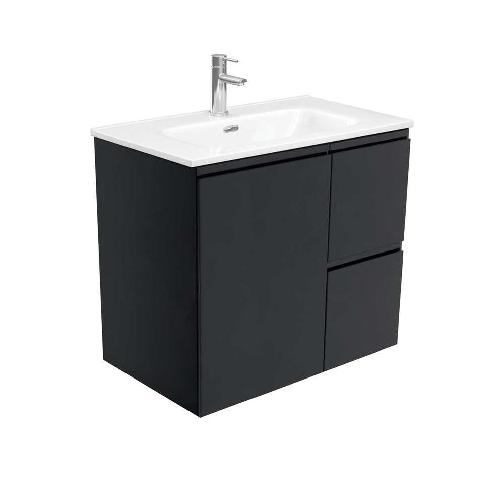 Fienza Joli Fingerpull Wall Hung Vanity Right Drawers (1 Taphole) 750mm Satin Black JOL75ZBR