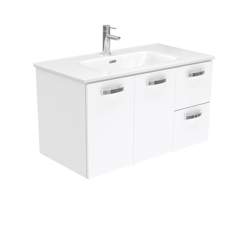 Fienza Joli Uni Wall Hung Vanity w/ Handles Right Drawers (1 Taphole) 900mm Gloss White JOL90JR