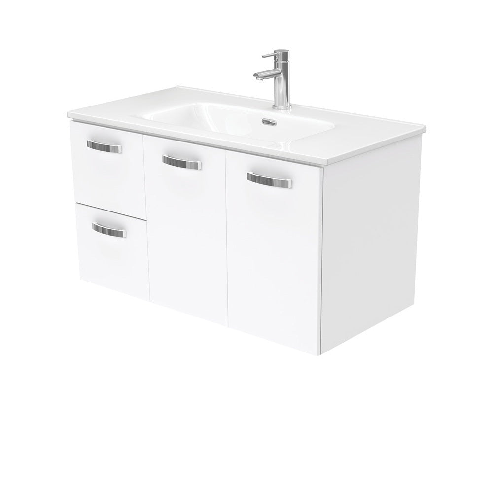 Fienza Joli Uni Wall Hung Vanity w/ Handles Left Drawers (1 Taphole) 900mm Gloss White JOL90JL