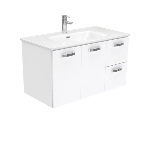 Fienza Joli Uni Wall Hung Vanity w/ Handles Right Drawers (1 Taphole) 900mm Gloss White JOL90JR