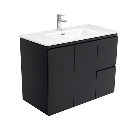 Fienza Joli Fingerpull Wall Hung Vanity Right Drawers (1 Taphole) 900mm Satin Black JOL90ZBR