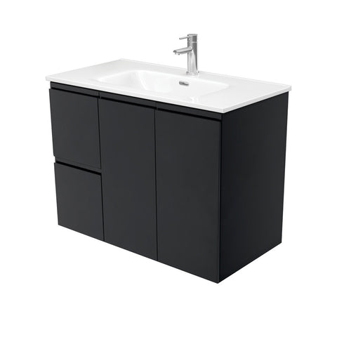 Fienza Joli Fingerpull Wall Hung Vanity Left Drawers (1 Taphole) 900mm Satin Black JOL90ZBL