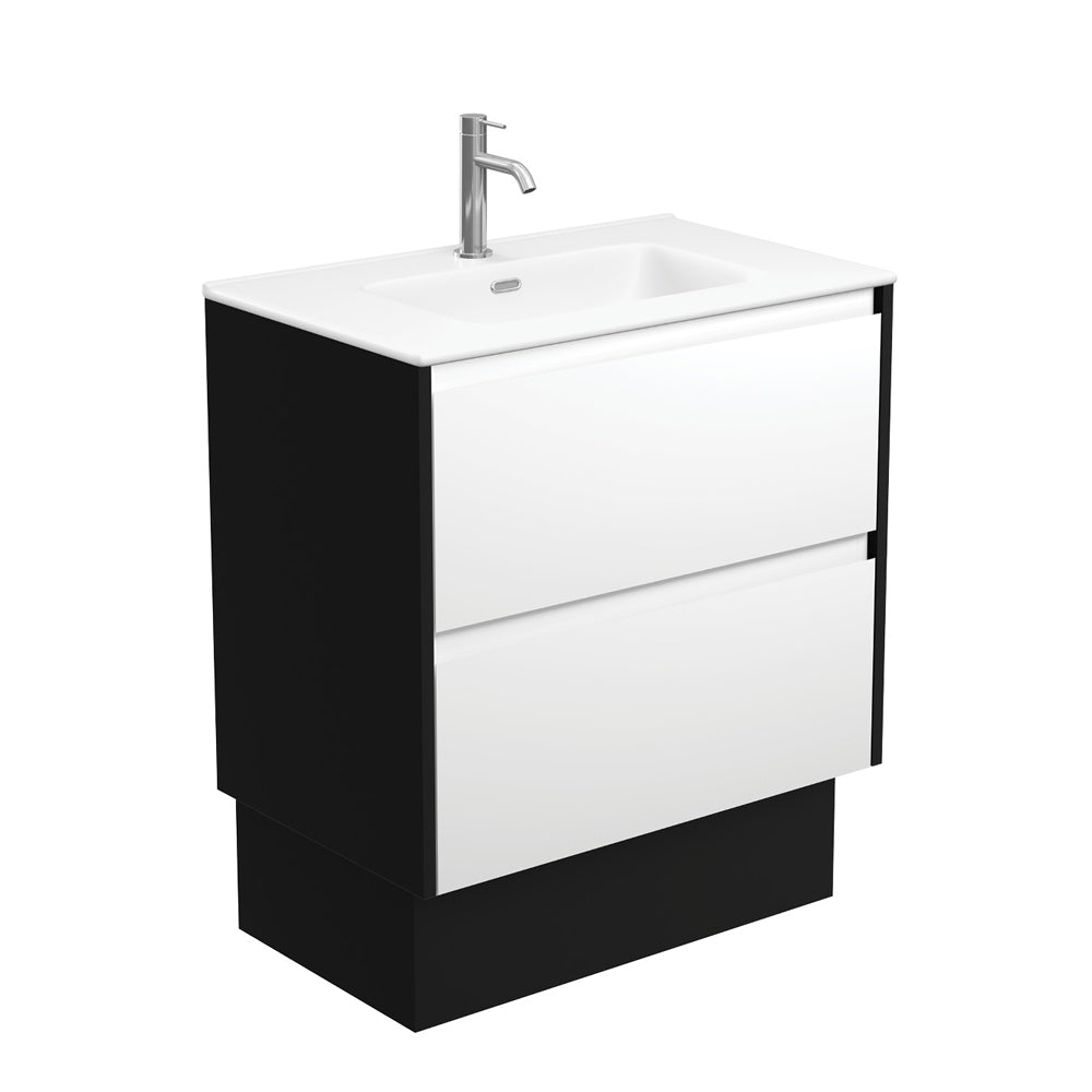 Fienza Joli Amato On Kickboard Vanity 750mm (1 Taphole) Satin White w/ Satin Black Panels / Matte White Top JOLM75BWBK
