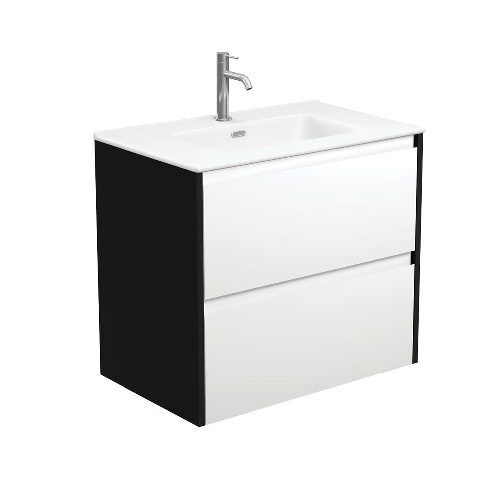 Fienza Joli Amato Wall Hung Vanity 750mm (1 Taphole) Satin White w/ Satin Black Panels / Matte White Top JOLM75BWB