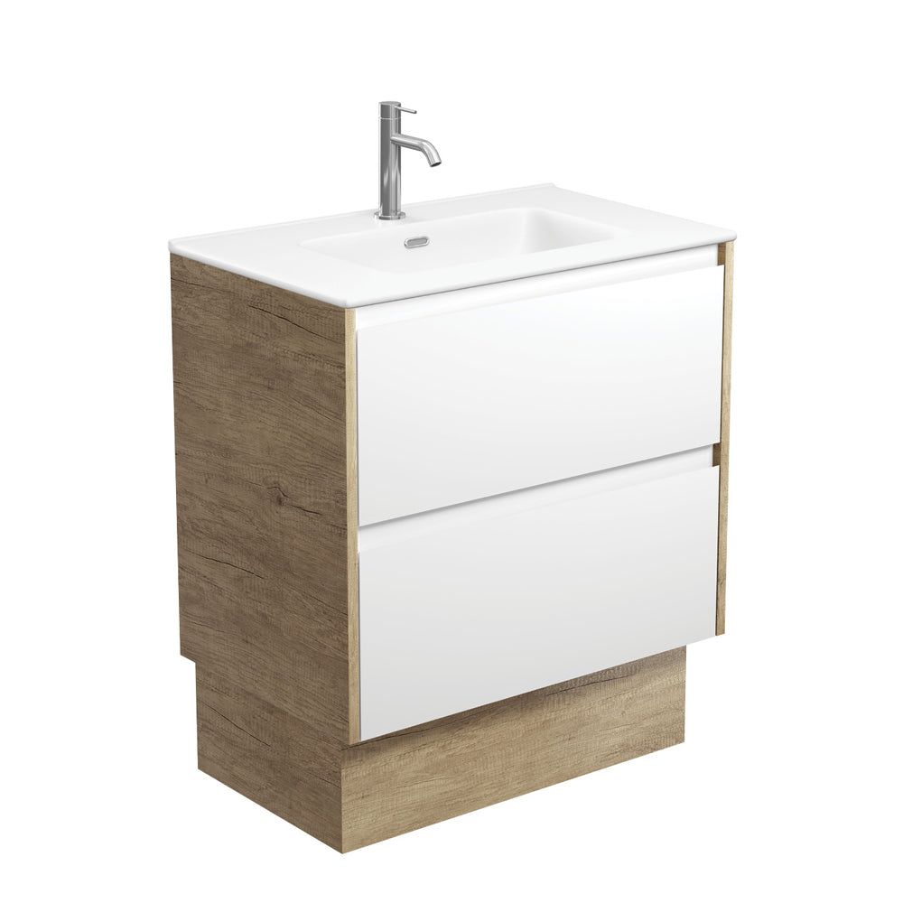 Fienza Joli Amato On Kickboard Vanity 750mm (1 Taphole) Satin White w/ Scandi Oak Panels / Matte White Top JOLM75BWSK
