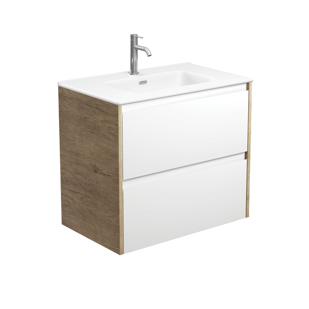 Fienza Joli Amato Wall Hung Vanity 750mm (1 Taphole) Satin White w/ Scandi Oak Panels / Matte White Top JOLM75BWS