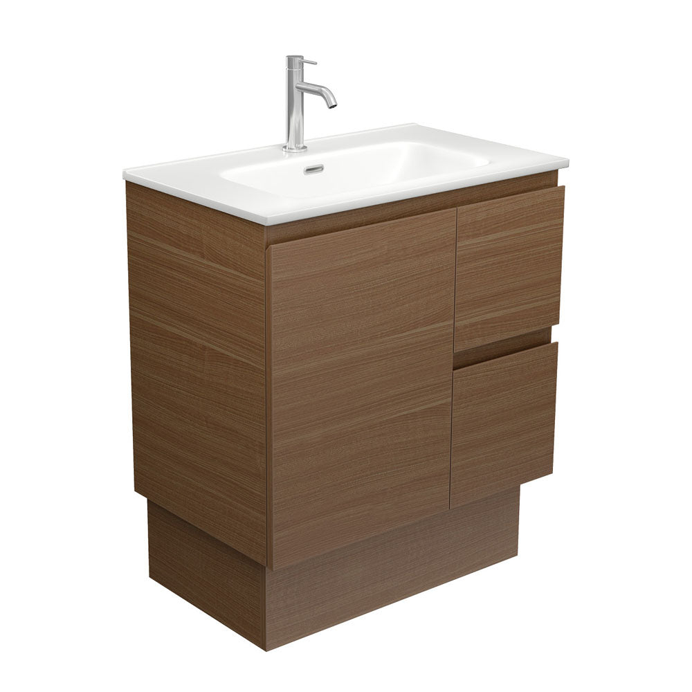 Fienza Joli Walnut Edge On Kickboard Vanity 750mm Right Drawers (1 Taphole) Walnut / Matte White Top JOLM75WAKR