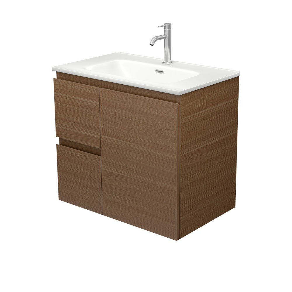 Fienza Joli Walnut Edge Wall Hung Vanity 750mm Left Drawers (1 Taphole) Walnut / Matte White Top JOLM75WAL