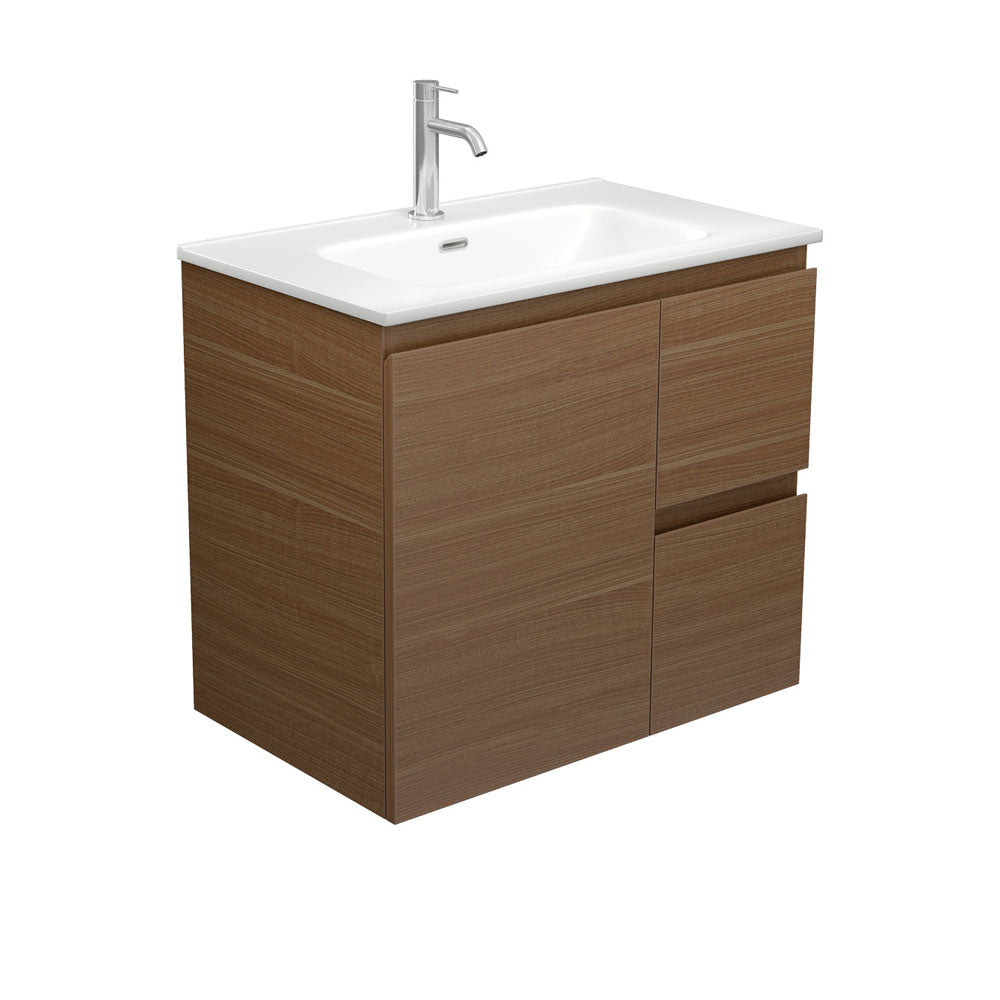 Fienza Joli Walnut Edge Wall Hung Vanity 750mm Right Drawers (1 Taphole) Walnut / Matte White Top JOLM75WAR